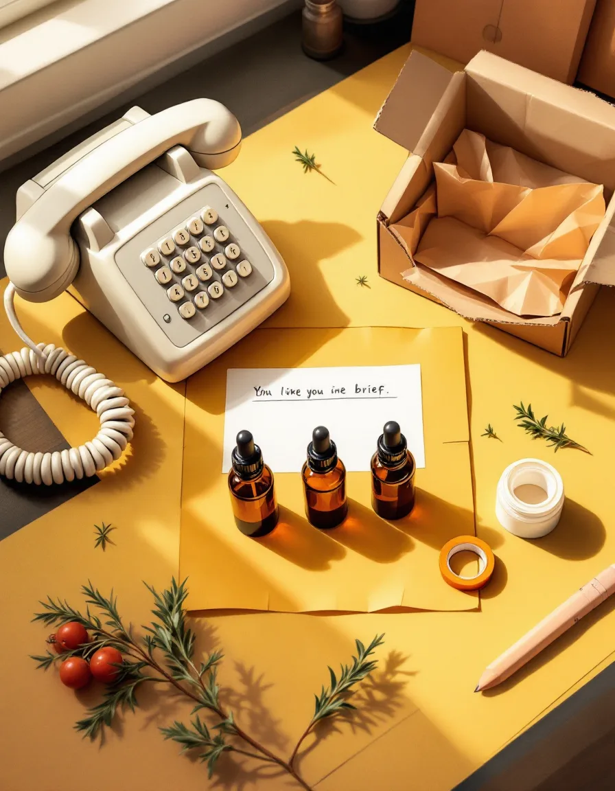 Painted illustration of a wine-red rotary phone off the hook, its cord curled around an amber dropper bottle and an open balm jar on butter-yellow paper.