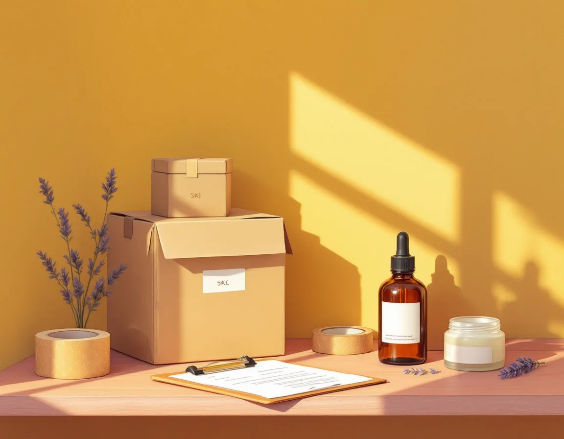 Painted illustration of the studio intake shelf: stacked kraft mailers with handwritten labels, one open to show bubble-wrapped dropper bottles.