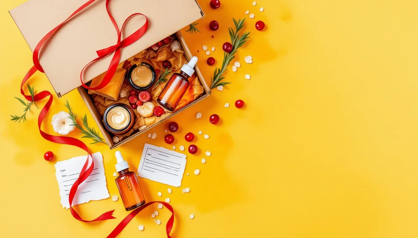 Painted illustration of an opened mailer box spilling dropper bottles, a balm jar, a cream swatch, rosemary and oats across butter-yellow paper.